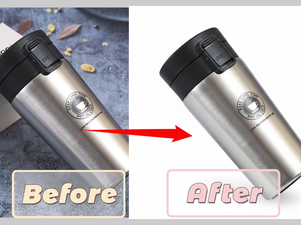 A before-and-after comparison of a stainless steel travel mug