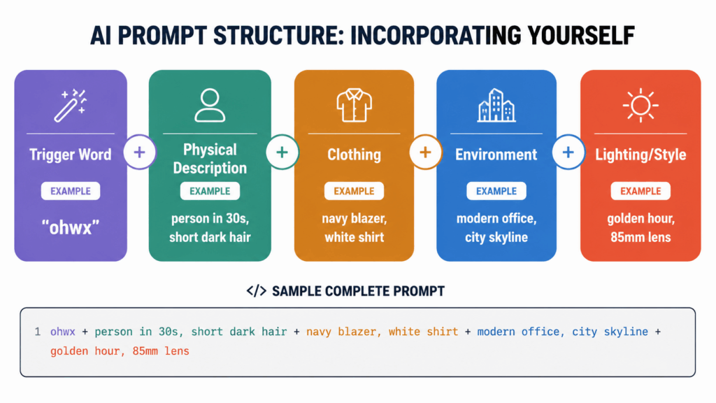 AI prompt formula diagram for generating images of yourself: five connected components — Trigger Word (ohwx) plus Physical Description plus Clothing plus Environment plus Lighting/Style — combine to create effective prompts for AI image generators.