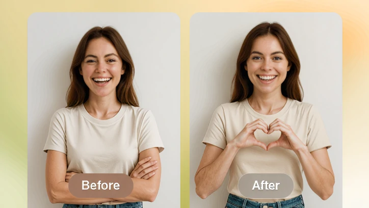 A before-and-after comparison of a smiling woman standing against a neutral background. 