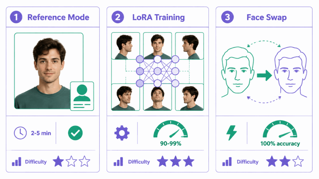 Three-panel comparison of AI image generator methods: Reference Mode (easy, 2-5 minutes, 70-80% likeness), LoRA Training (advanced, 30-60 minutes, 90-99% likeness), and Face Swap (medium, 5-15 minutes, 100% likeness), each shown with difficulty ratings and quality meters.