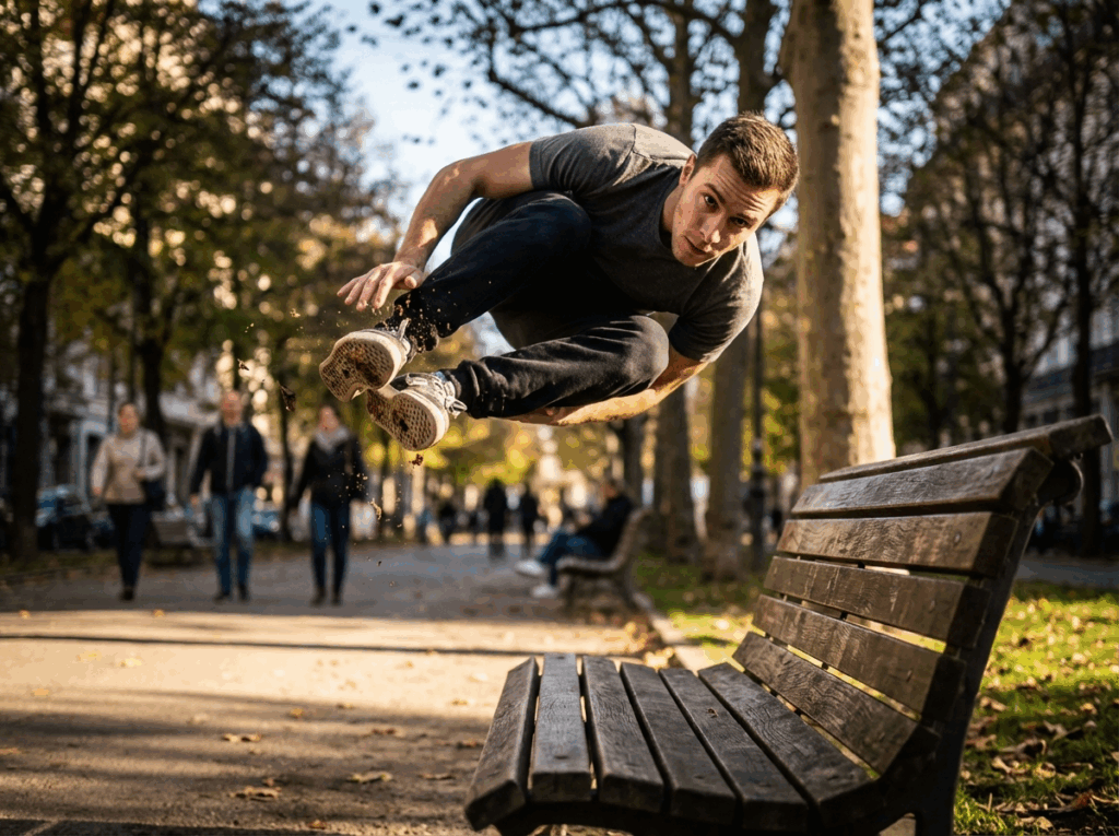 Action shot of a parkour athlete demonstrating Seedream 5.0's perfect physics logic.