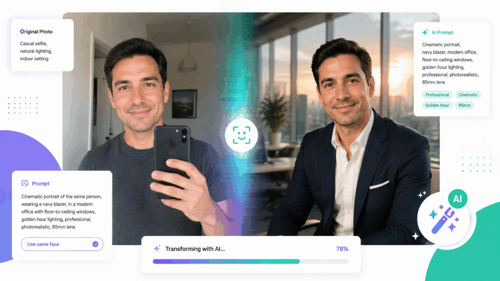 Split-screen illustration showing how to incorporate yourself in an AI image generator: a casual selfie on the left transforms into a polished AI-generated professional portrait on the right, connected by a digital gradient transition with floating prompt text elements.