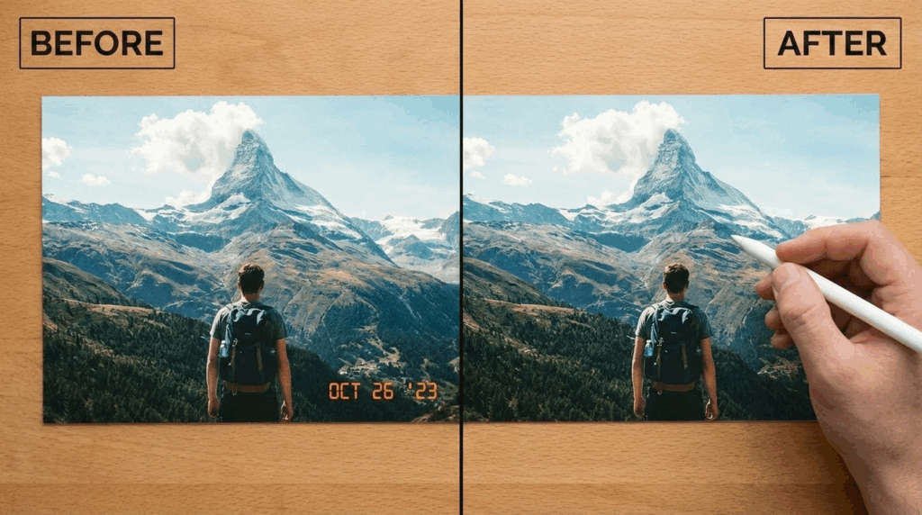 Travel photos with time watermarks, before and after watermark removal