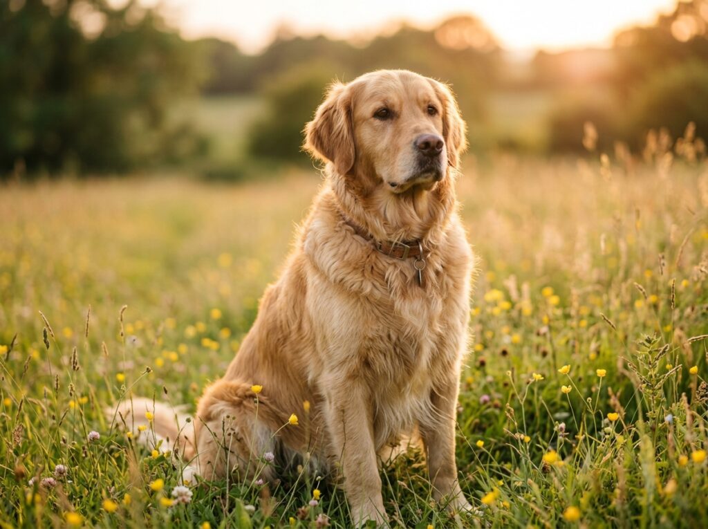 a golden retriever sitting in a park during sunset
