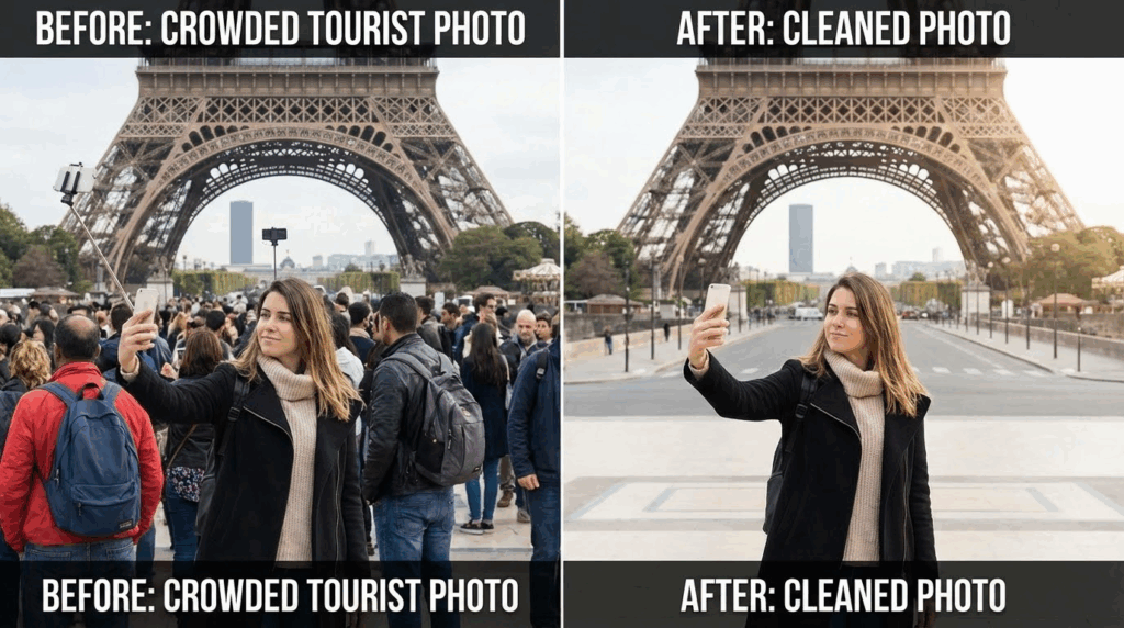 Before: Crowded tourist photo Crowded tourist photo After cleaning up after the photo