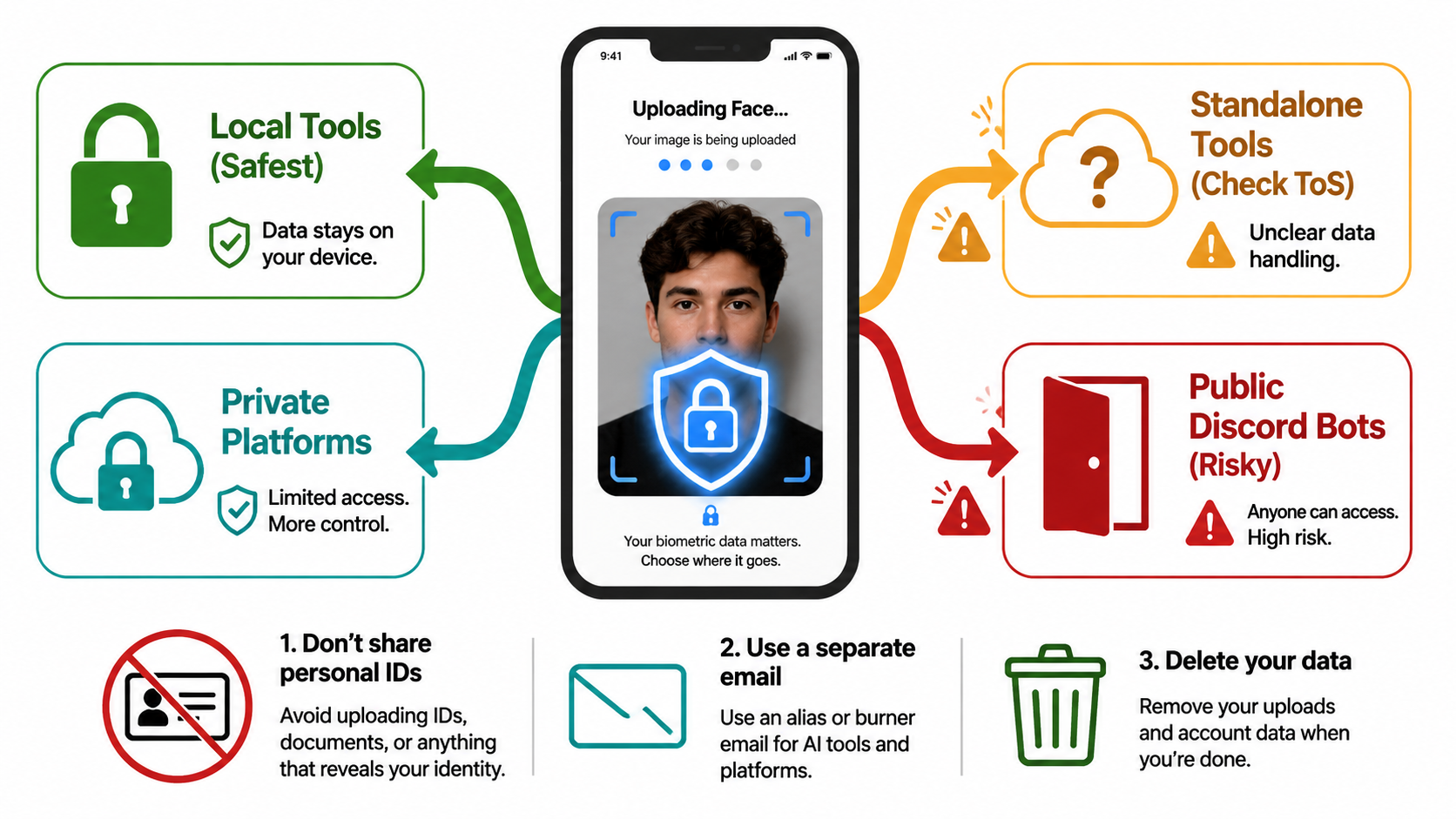 Privacy risk comparison for uploading face photos to AI image generators: local tools offer the safest biometric data protection, private platforms provide moderate safety, while public Discord bots carry the highest risk. Three essential rules include avoiding sensitive ID uploads, using a dedicated email, and checking data deletion options.