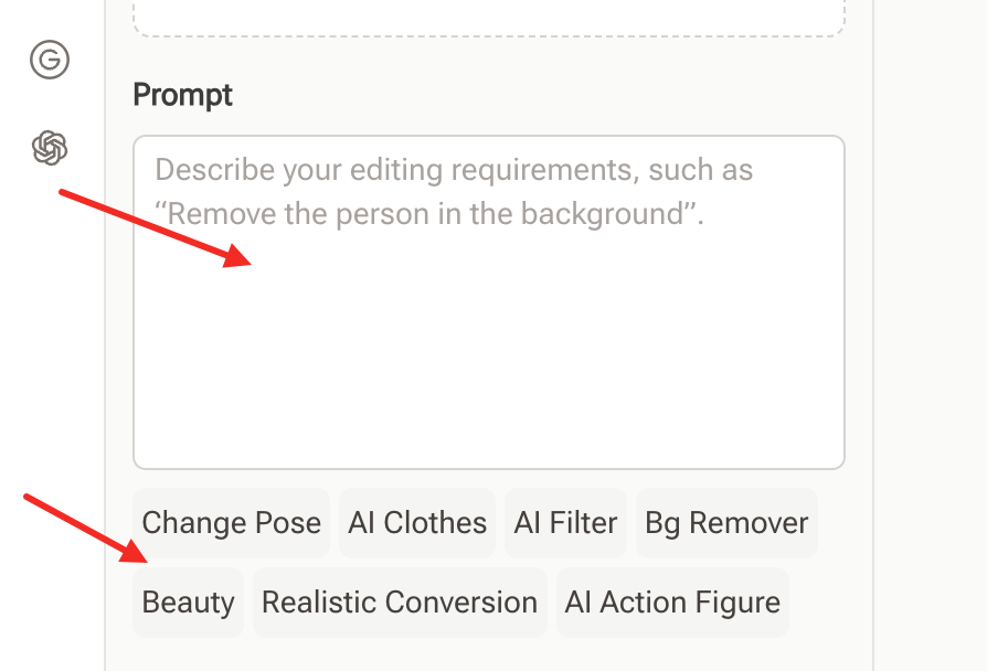 A screenshot of an editing interface showing a text box labeled “Prompt” with example text 