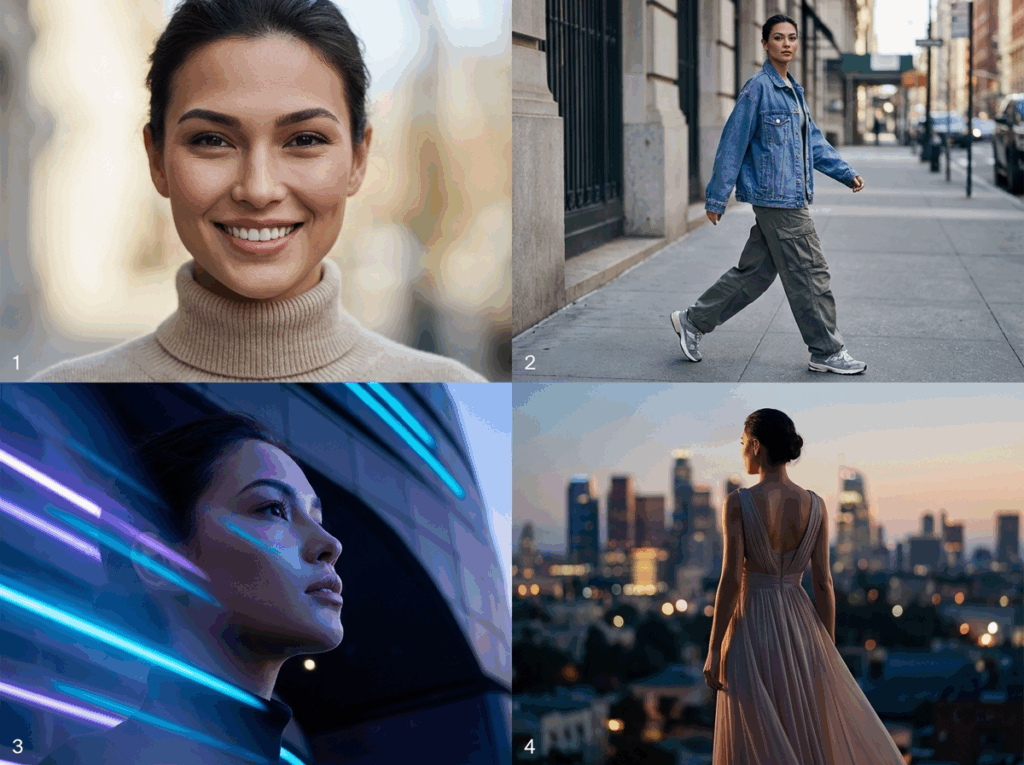 Four fashion portraits showing perfect character consistency using the Seedream 5 model.