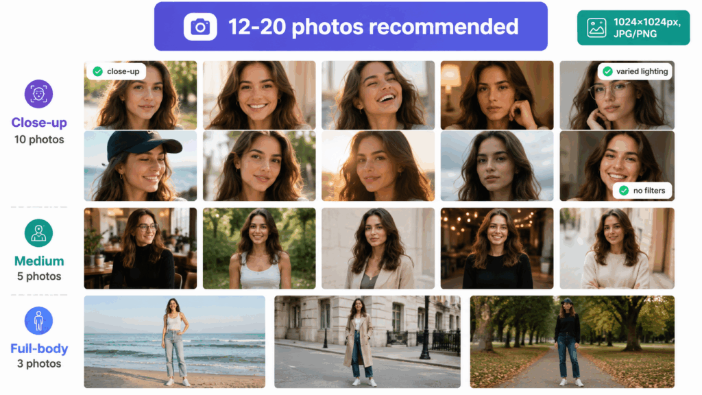 Recommended photo dataset grid for LoRA training to incorporate yourself in AI images: 12-20 photos including close-ups, medium shots, and full-body images with varied lighting, expressions, and some accessories, sized at 1024×1024 pixels in JPG or PNG format.