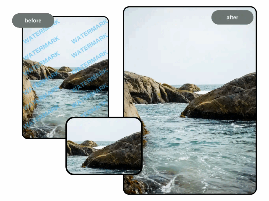 Comparison before and after watermark removal in a scenic area