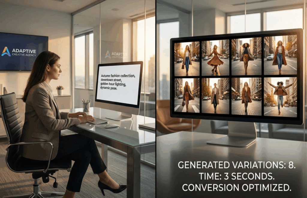 Digital marketer generating multiple e-commerce fashion ad variations using AI.
